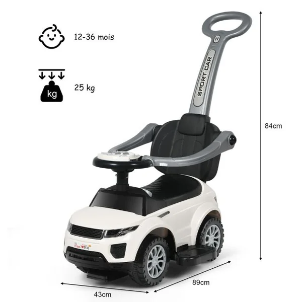 3 en 1 Voiture à Pousser Enfants de 1-3 Ans avec Poignée Amovible Voiture Porteur avec Lumières et Espace de Stockage Caché Charge 25kg Blanc