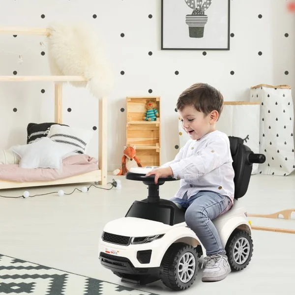 3 en 1 Voiture à Pousser Enfants de 1-3 Ans avec Poignée Amovible Voiture Porteur avec Lumières et Espace de Stockage Caché Charge 25kg Blanc