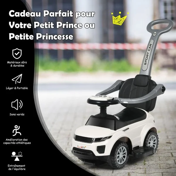 3 en 1 Voiture à Pousser Enfants de 1-3 Ans avec Poignée Amovible Voiture Porteur avec Lumières et Espace de Stockage Caché Charge 25kg Blanc