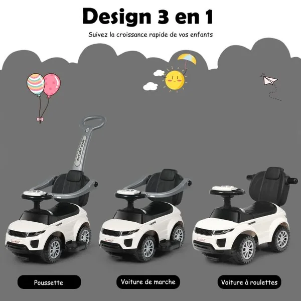 3 en 1 Voiture à Pousser Enfants de 1-3 Ans avec Poignée Amovible Voiture Porteur avec Lumières et Espace de Stockage Caché Charge 25kg Blanc
