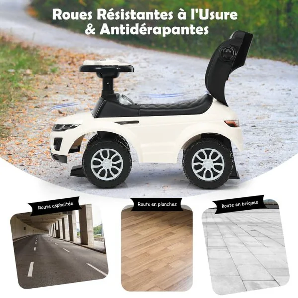 3 en 1 Voiture à Pousser Enfants de 1-3 Ans avec Poignée Amovible Voiture Porteur avec Lumières et Espace de Stockage Caché Charge 25kg Blanc