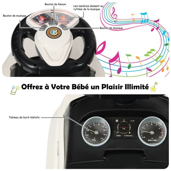 3 en 1 Voiture à Pousser Enfants de 1-3 Ans avec Poignée Amovible Voiture Porteur avec Lumières et Espace de Stockage Caché Charge 25kg Blanc