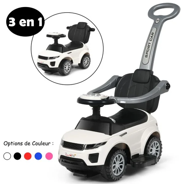 3 en 1 Voiture à Pousser Enfants de 1-3 Ans avec Poignée Amovible Voiture Porteur avec Lumières et Espace de Stockage Caché Charge 25kg Blanc