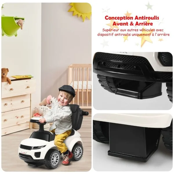 3 en 1 Voiture à Pousser Enfants de 1-3 Ans avec Poignée Amovible Voiture Porteur avec Lumières et Espace de Stockage Caché Charge 25kg Blanc