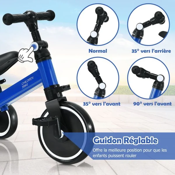 3 en 1 Vélo d'Equilibre Enfants Evolutif avec Siège et Guidon Réglables Tricycle à Pédales Convertible avec 3 Roues EVA pour Enfants 1- 4 Ans Bleu
