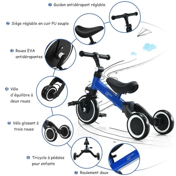 3 en 1 Vélo d'Equilibre Enfants Evolutif avec Siège et Guidon Réglables Tricycle à Pédales Convertible avec 3 Roues EVA pour Enfants 1- 4 Ans Bleu