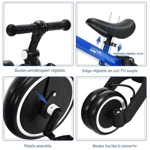 3 en 1 Vélo d'Equilibre Enfants Evolutif avec Siège et Guidon Réglables Tricycle à Pédales Convertible avec 3 Roues EVA pour Enfants 1- 4 Ans Bleu