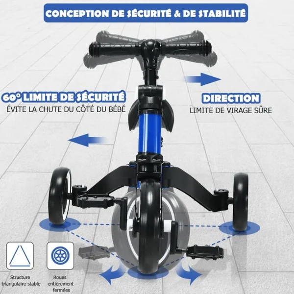3 en 1 Vélo d'Equilibre Enfants Evolutif avec Siège et Guidon Réglables Tricycle à Pédales Convertible avec 3 Roues EVA pour Enfants 1- 4 Ans Bleu
