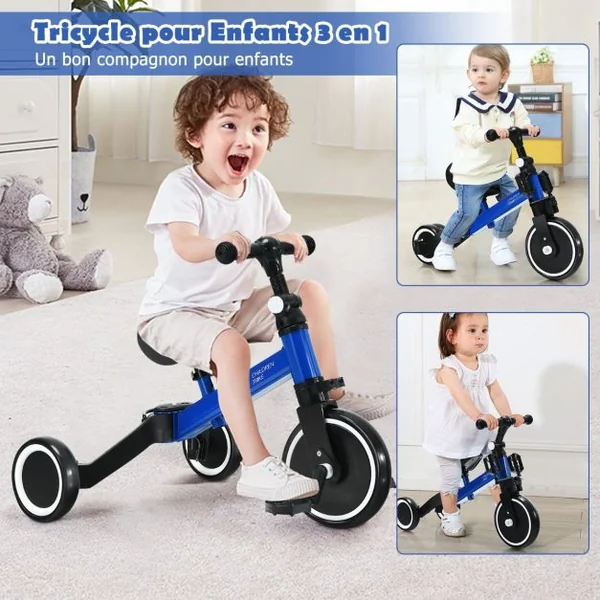 3 en 1 Vélo d'Equilibre Enfants Evolutif avec Siège et Guidon Réglables Tricycle à Pédales Convertible avec 3 Roues EVA pour Enfants 1- 4 Ans Bleu