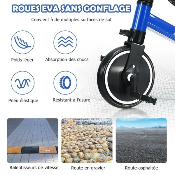 3 en 1 Vélo d'Equilibre Enfants Evolutif avec Siège et Guidon Réglables Tricycle à Pédales Convertible avec 3 Roues EVA pour Enfants 1- 4 Ans Bleu