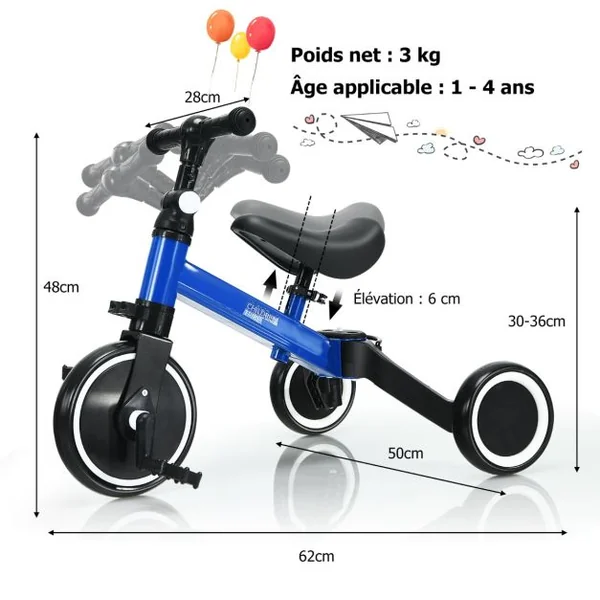 3 en 1 Vélo d'Equilibre Enfants Evolutif avec Siège et Guidon Réglables Tricycle à Pédales Convertible avec 3 Roues EVA pour Enfants 1- 4 Ans Bleu