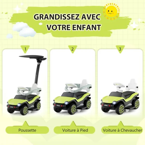 3 en 1Voiture à Pousser Enfants 1-3 Ans avec Poignée Réglable Porteur Bébé avec Auvent et Garde-corps de Sécurité Musique & Klaxon Charge 20kg Vert