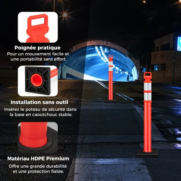 3 Poteaux de Signalisation 114,5 CM en Plastique Flexible Contrôle du Trafic Anti-Collision avec Bandes Réfléchissantes