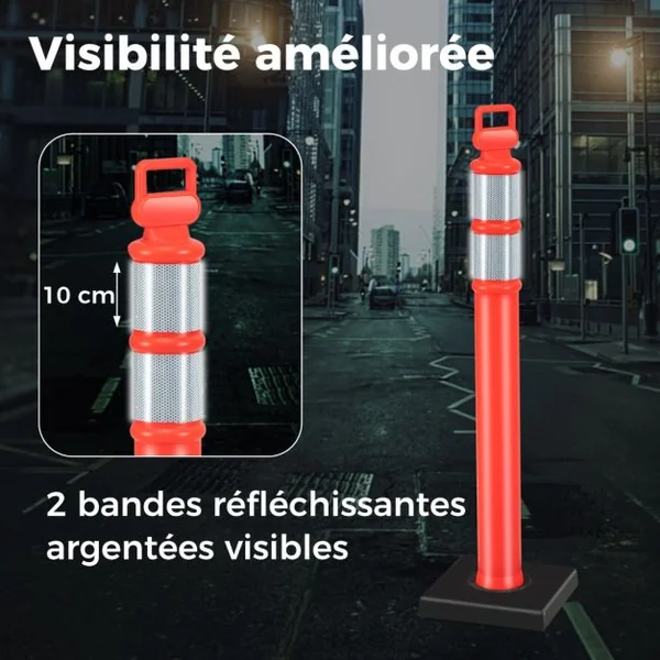 3 Poteaux de Signalisation 114,5 CM en Plastique Flexible Contrôle du Trafic Anti-Collision avec Bandes Réfléchissantes
