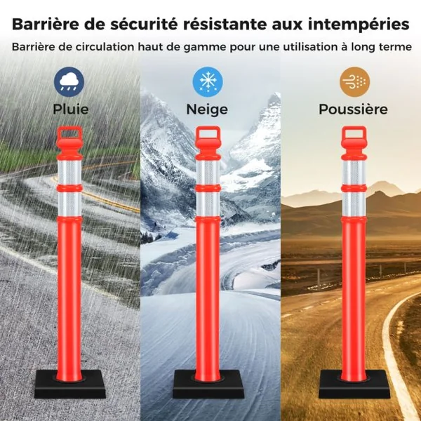 3 Poteaux de Signalisation 114,5 CM en Plastique Flexible Contrôle du Trafic Anti-Collision avec Bandes Réfléchissantes