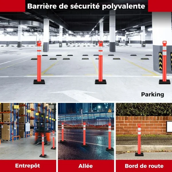 3 Poteaux de Signalisation 114,5 CM en Plastique Flexible Contrôle du Trafic Anti-Collision avec Bandes Réfléchissantes