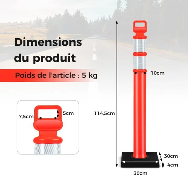 3 Poteaux de Signalisation 114,5 CM en Plastique Flexible Contrôle du Trafic Anti-Collision avec Bandes Réfléchissantes