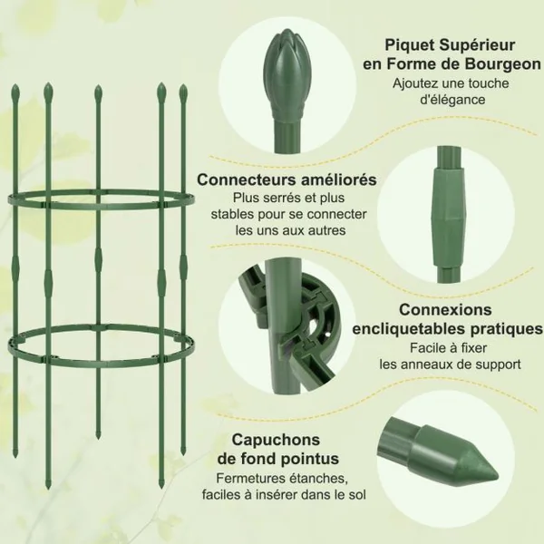 3 Treillis Obélisque Support pour Plantes Grimpantes en Métal Réglable avec Clips Attaches Cage et Supports 2 en 1 20 x Attaches Végétable Vert
