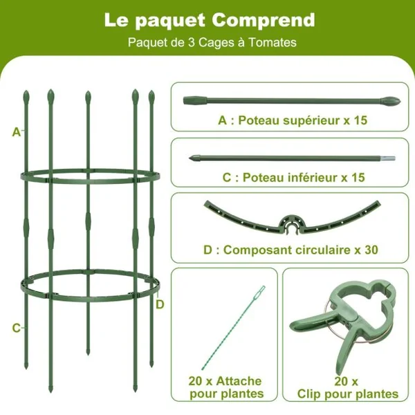 3 Treillis Obélisque Support pour Plantes Grimpantes en Métal Réglable avec Clips Attaches Cage et Supports 2 en 1 20 x Attaches Végétable Vert