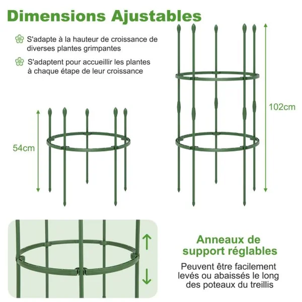 3 Treillis Obélisque Support pour Plantes Grimpantes en Métal Réglable avec Clips Attaches Cage et Supports 2 en 1 20 x Attaches Végétable Vert