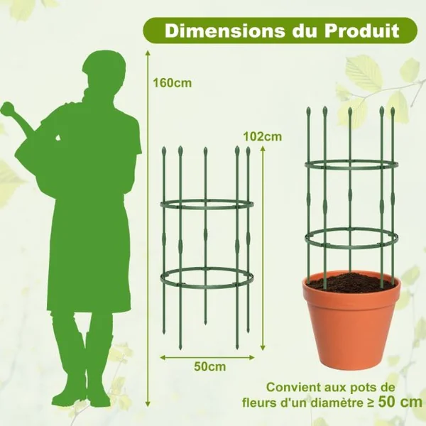 3 Treillis Obélisque Support pour Plantes Grimpantes en Métal Réglable avec Clips Attaches Cage et Supports 2 en 1 20 x Attaches Végétable Vert