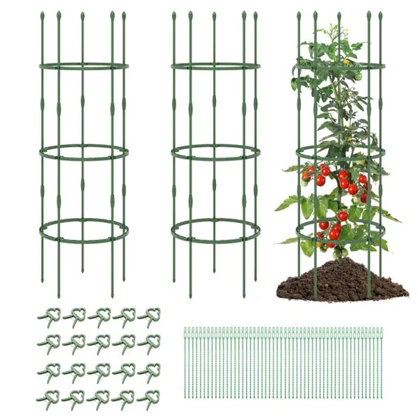 3 Treillis Obélisque Support pour Plantes Grimpantes en Métal Réglable avec Clips Attaches Cage et Supports 2 en 1 50 x Attaches Végétable Vert