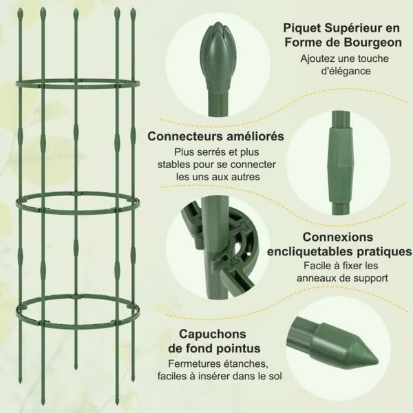 3 Treillis Obélisque Support pour Plantes Grimpantes en Métal Réglable avec Clips Attaches Cage et Supports 2 en 1 50 x Attaches Végétable Vert