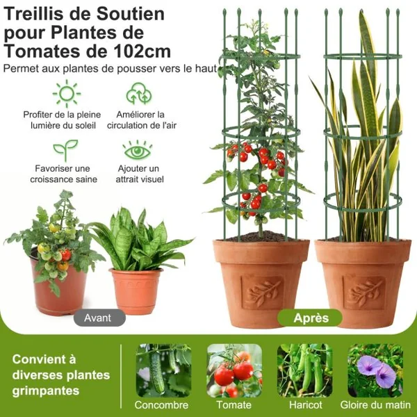 3 Treillis Obélisque Support pour Plantes Grimpantes en Métal Réglable avec Clips Attaches Cage et Supports 2 en 1 50 x Attaches Végétable Vert