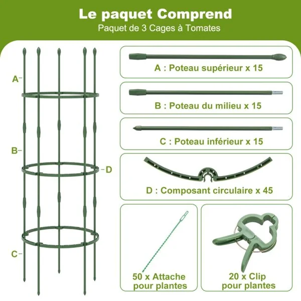 3 Treillis Obélisque Support pour Plantes Grimpantes en Métal Réglable avec Clips Attaches Cage et Supports 2 en 1 50 x Attaches Végétable Vert