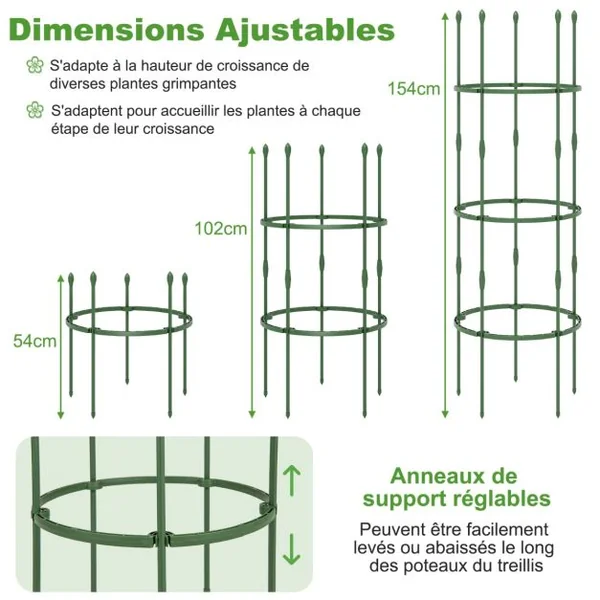 3 Treillis Obélisque Support pour Plantes Grimpantes en Métal Réglable avec Clips Attaches Cage et Supports 2 en 1 50 x Attaches Végétable Vert