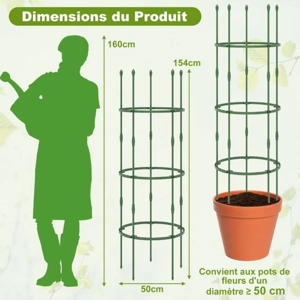 3 Treillis Obélisque Support pour Plantes Grimpantes en Métal Réglable avec Clips Attaches Cage et Supports 2 en 1 50 x Attaches Végétable Vert