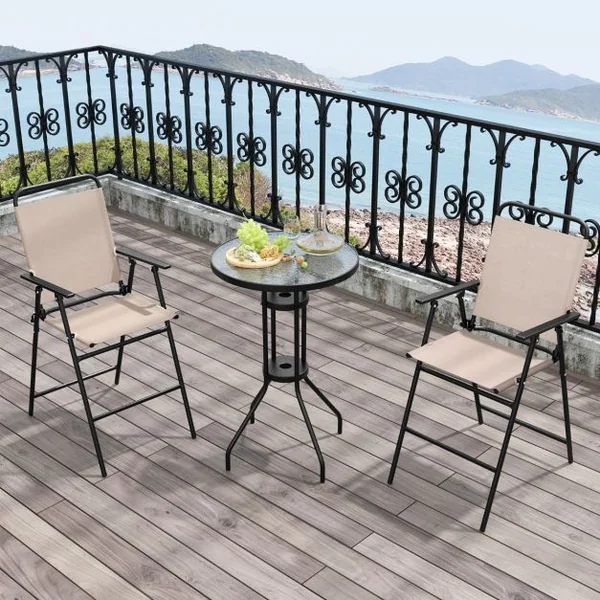 3PCS Salon de Jardin 2 Chaises de Jardin Pliantes Table Basse Ronde en Verre Trempé Bistro Terrasse Piscine Beige
