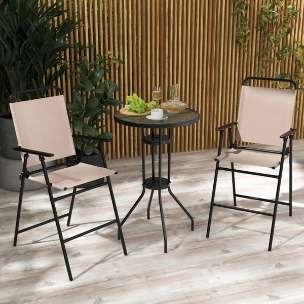 3PCS Salon de Jardin 2 Chaises de Jardin Pliantes Table Basse Ronde en Verre Trempé Bistro Terrasse Piscine Beige