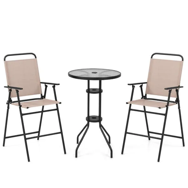 3PCS Salon de Jardin 2 Chaises de Jardin Pliantes Table Basse Ronde en Verre Trempé Bistro Terrasse Piscine Beige