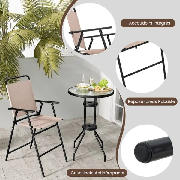 3PCS Salon de Jardin 2 Chaises de Jardin Pliantes Table Basse Ronde en Verre Trempé Bistro Terrasse Piscine Beige