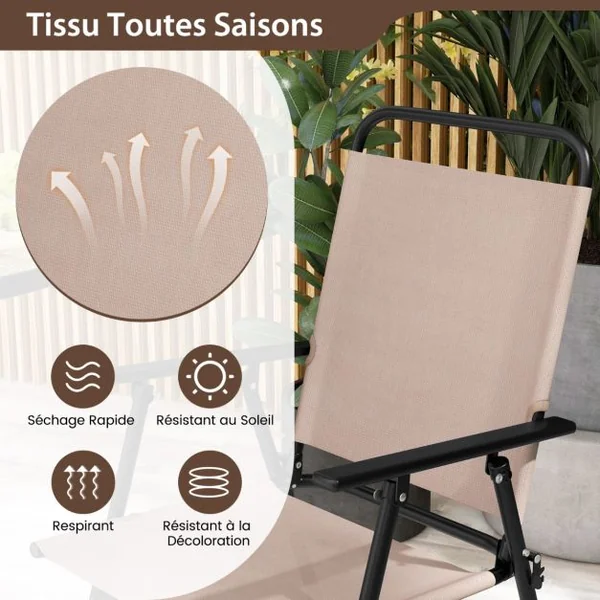 3PCS Salon de Jardin 2 Chaises de Jardin Pliantes Table Basse Ronde en Verre Trempé Bistro Terrasse Piscine Beige