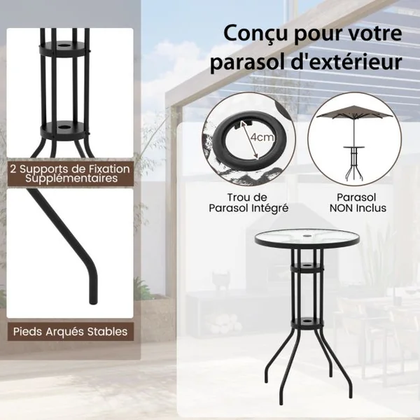 3PCS Salon de Jardin 2 Chaises de Jardin Pliantes Table Basse Ronde en Verre Trempé Bistro Terrasse Piscine Beige