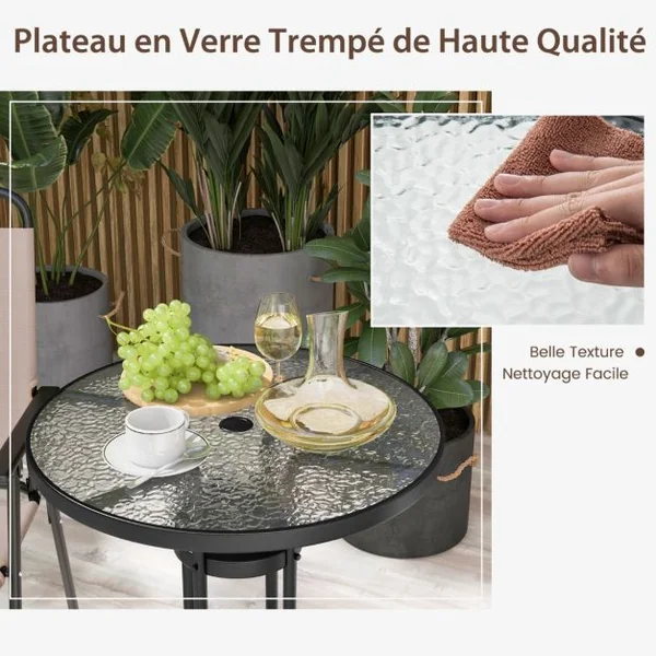 3PCS Salon de Jardin 2 Chaises de Jardin Pliantes Table Basse Ronde en Verre Trempé Bistro Terrasse Piscine Beige