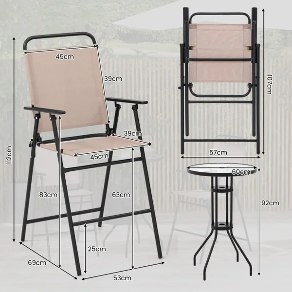 3PCS Salon de Jardin 2 Chaises de Jardin Pliantes Table Basse Ronde en Verre Trempé Bistro Terrasse Piscine Beige