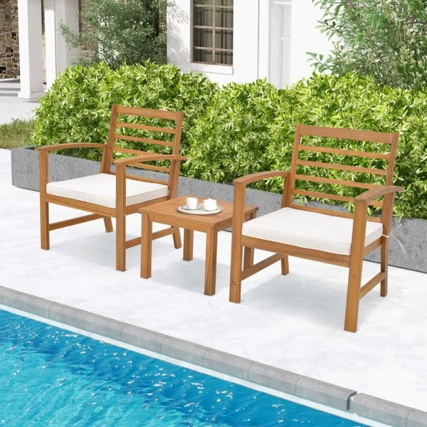 3PCs Salon de Jardin en Bois d'Acacia 2 Personnes Conception à Lattes Coussins Ensemble de Table et 2 Chaises Blanc