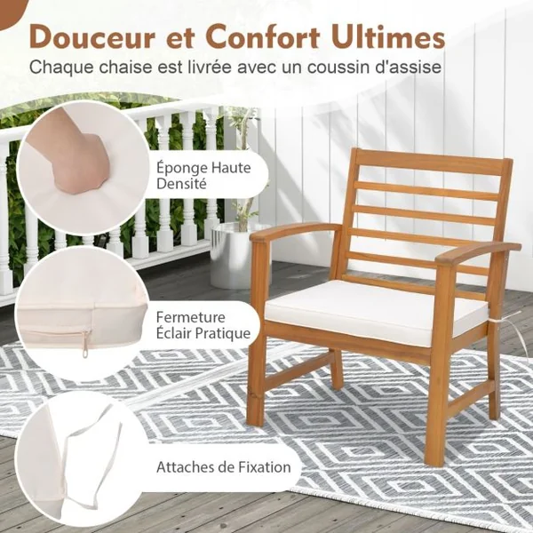 3PCs Salon de Jardin en Bois d'Acacia 2 Personnes Conception à Lattes Coussins Ensemble de Table et 2 Chaises Blanc