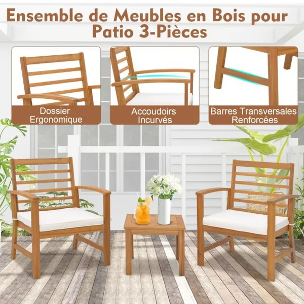 3PCs Salon de Jardin en Bois d'Acacia 2 Personnes Conception à Lattes Coussins Ensemble de Table et 2 Chaises Blanc