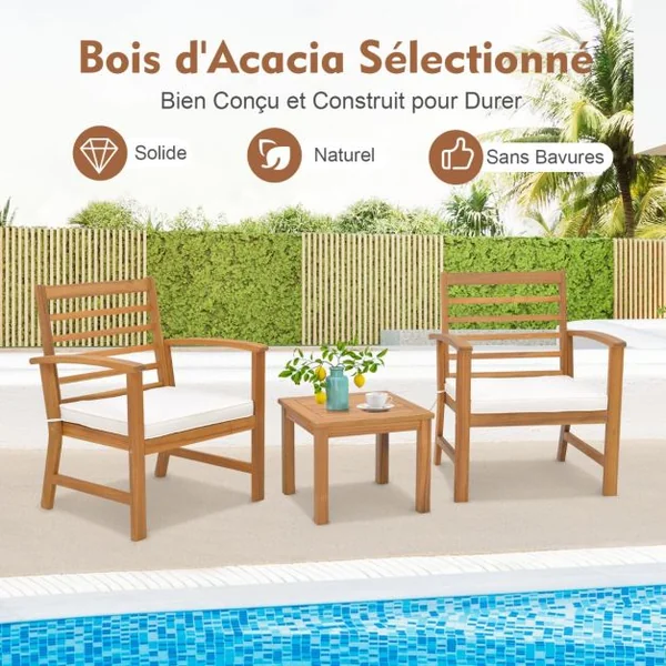3PCs Salon de Jardin en Bois d'Acacia 2 Personnes Conception à Lattes Coussins Ensemble de Table et 2 Chaises Blanc