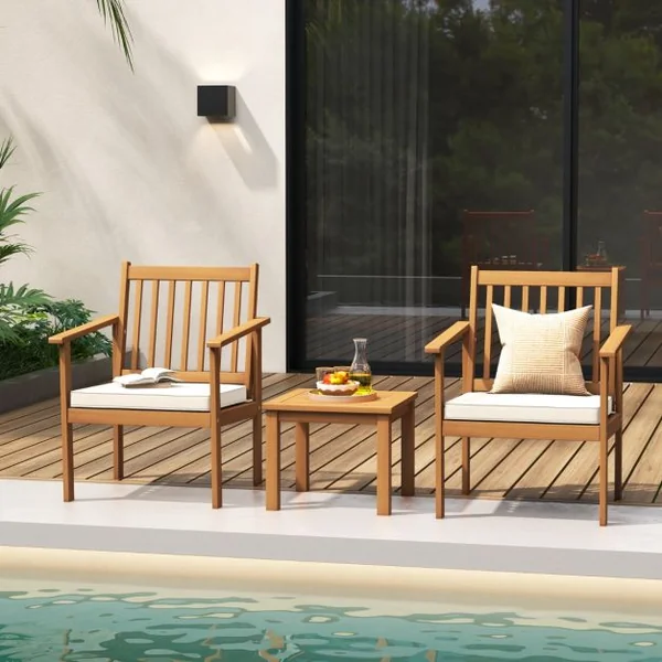 3PCs Salon de Jardin en Bois d'Acacia Conception à Lattes Coussins Doux Ensemble de Table et 2 Chaises Salon Terrasse Naturel