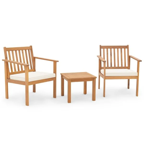 3PCs Salon de Jardin en Bois d'Acacia Conception à Lattes Coussins Doux Ensemble de Table et 2 Chaises Salon Terrasse Naturel