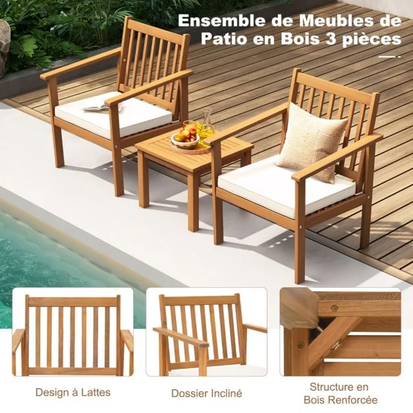 3PCs Salon de Jardin en Bois d'Acacia Conception à Lattes Coussins Doux Ensemble de Table et 2 Chaises Salon Terrasse Naturel