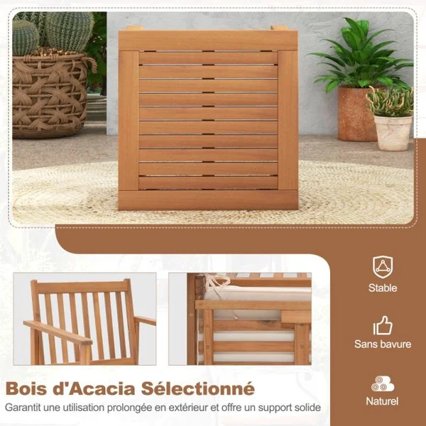 3PCs Salon de Jardin en Bois d'Acacia Conception à Lattes Coussins Doux Ensemble de Table et 2 Chaises Salon Terrasse Naturel