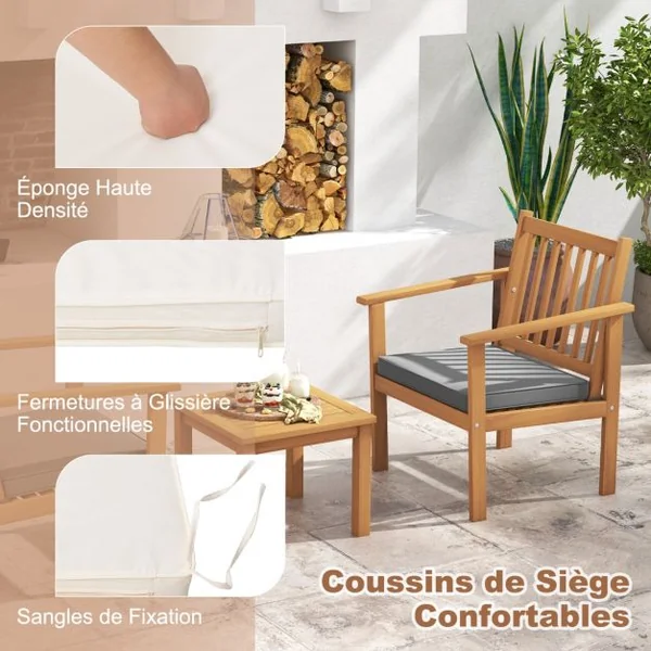 3PCs Salon de Jardin en Bois d'Acacia Conception à Lattes Coussins Doux Ensemble de Table et 2 Chaises Salon Terrasse Naturel