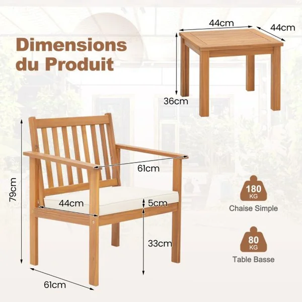 3PCs Salon de Jardin en Bois d'Acacia Conception à Lattes Coussins Doux Ensemble de Table et 2 Chaises Salon Terrasse Naturel