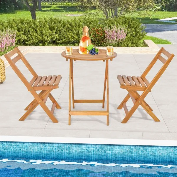 3PCs Salon de Jardin Pliable en Bois d'Acacia Ensemble de Table et 2 Chaises Conception à Lattes Salon Terrasse Bistrot